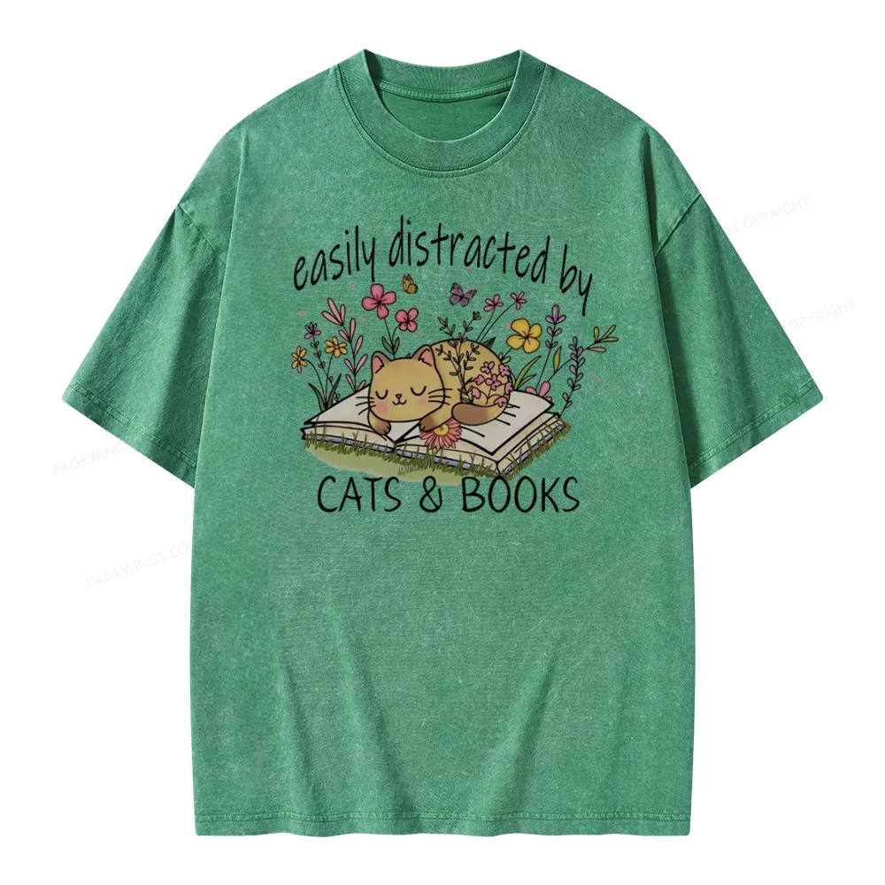 Pagewings Easily Distracted By Cats And Books Unisex Washed T-shirt