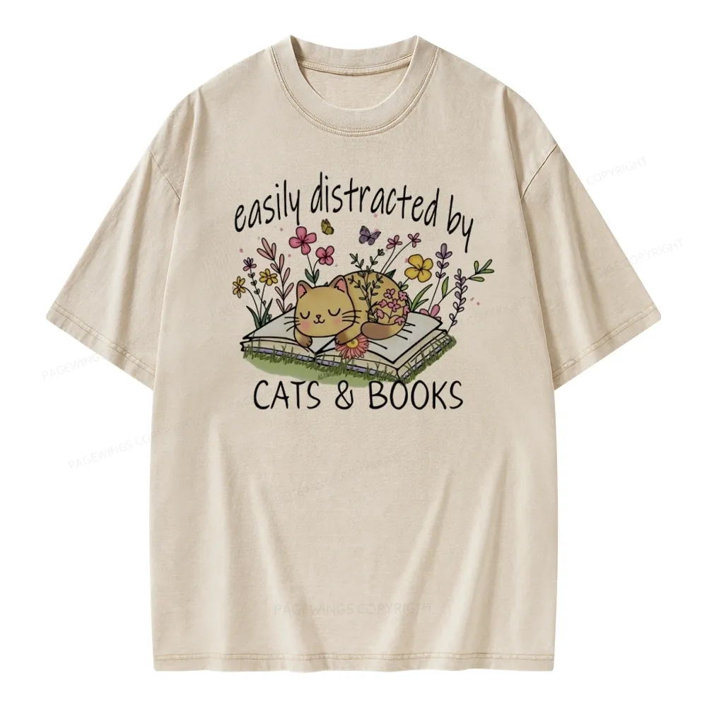 Pagewings Easily Distracted By Cats And Books Unisex Washed T-shirt