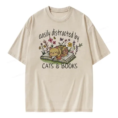 Pagewings Easily Distracted By Cats And Books Unisex Washed T-shirt