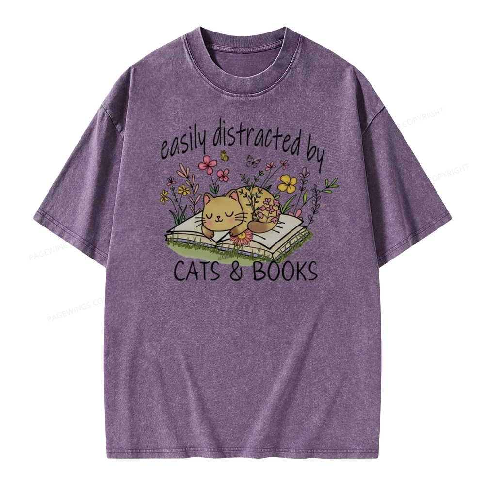 Pagewings Easily Distracted By Cats And Books Unisex Washed T-shirt