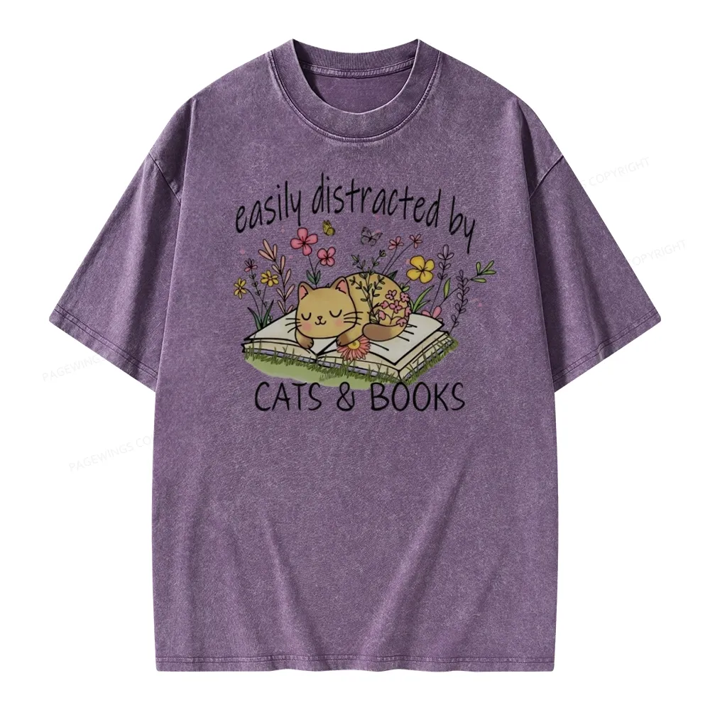 Pagewings Easily Distracted By Cats And Books Unisex Washed T-shirt