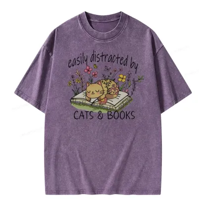 Pagewings Easily Distracted By Cats And Books Unisex Washed T-shirt