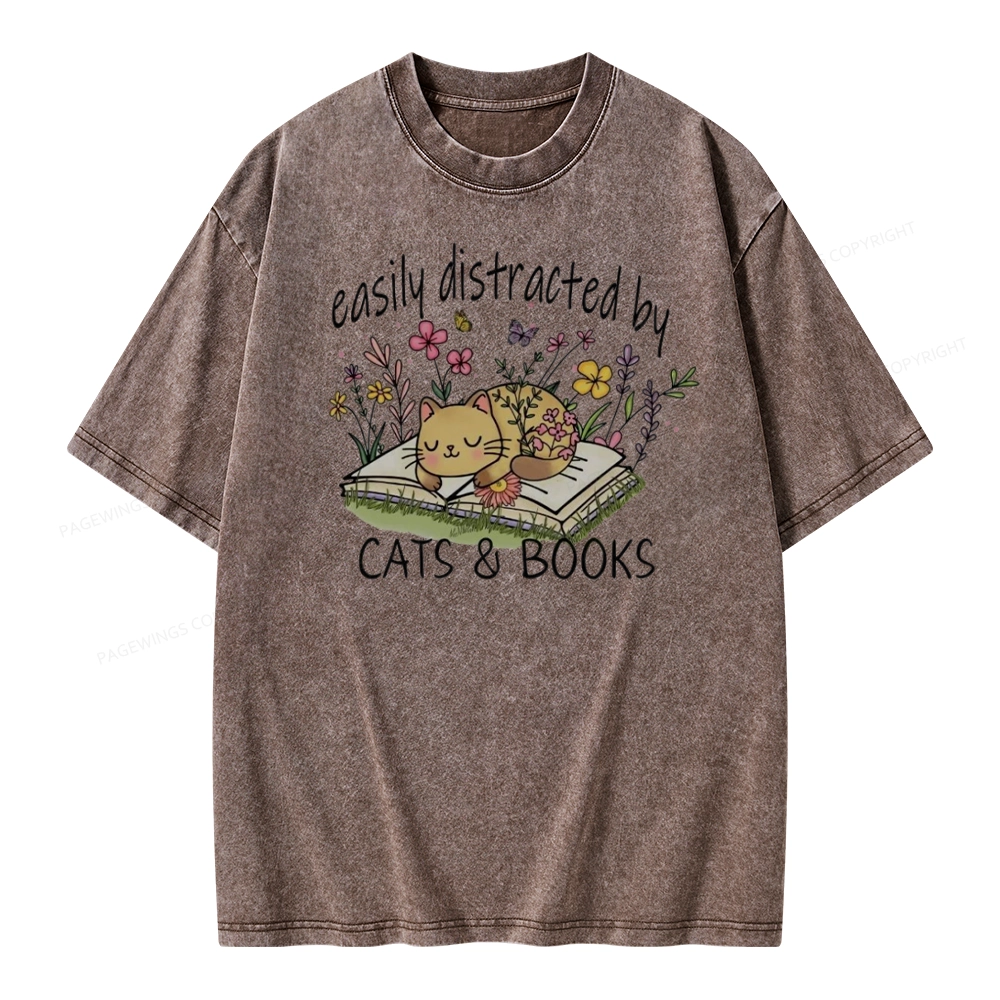 Pagewings Easily Distracted By Cats And Books Unisex Washed T-shirt