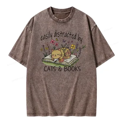 Pagewings Easily Distracted By Cats And Books Unisex Washed T-shirt