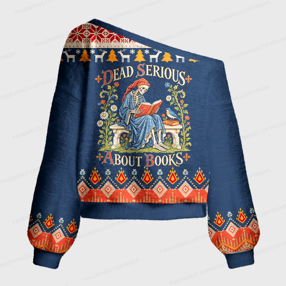 Pagewings Dead Serious About Books Off Shoulder Ugly Knit Sweater