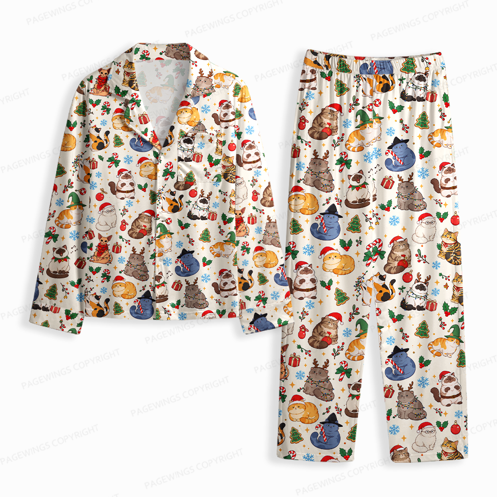 Pagewings Cat Book Lover Unisex Button-Up Pajama Set