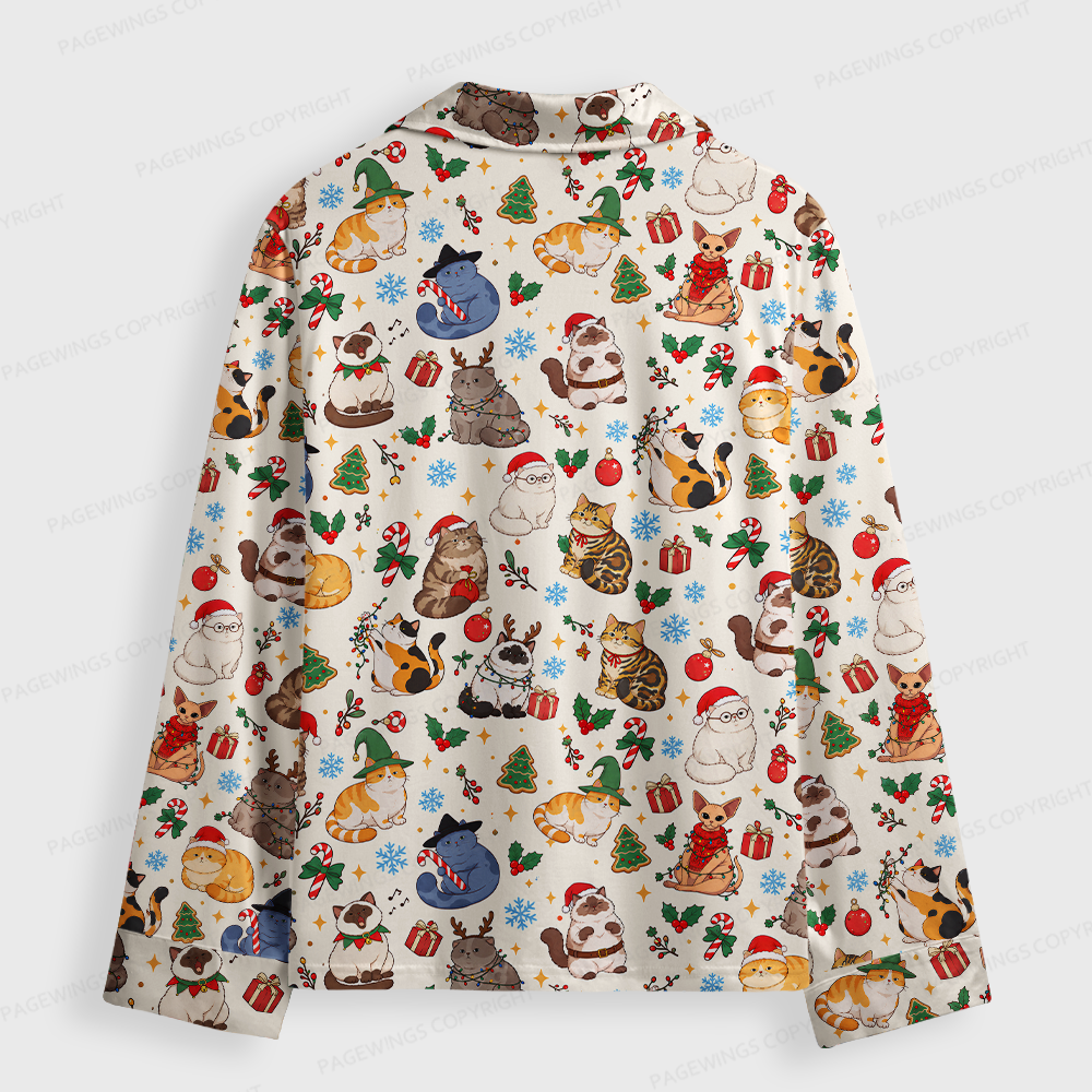 Pagewings Cat Book Lover Unisex Button-Up Pajama Set