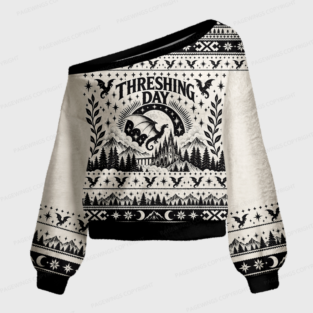Pagewings Book Dragon Crow Off Shoulder Ugly Knit Sweater