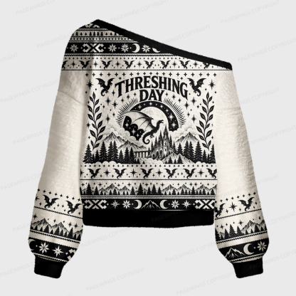 Pagewings Book Dragon Crow Off Shoulder Ugly Knit Sweater