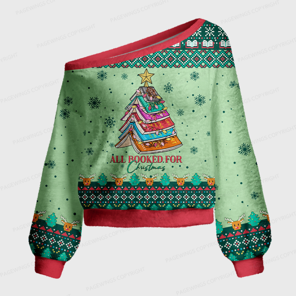 Pagewings Christmas Reading Crow Off Shoulder Ugly Knit Sweater