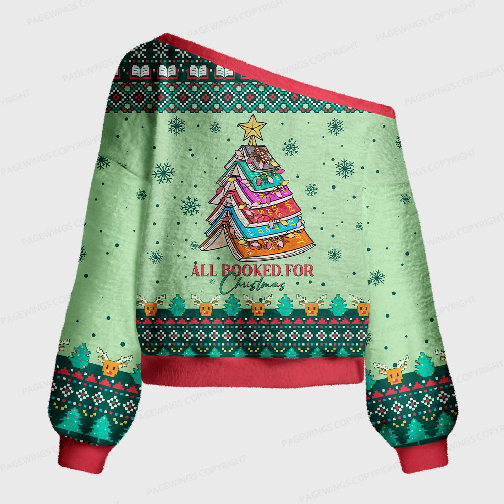 Pagewings Christmas Reading Crow Off Shoulder Ugly Knit Sweater