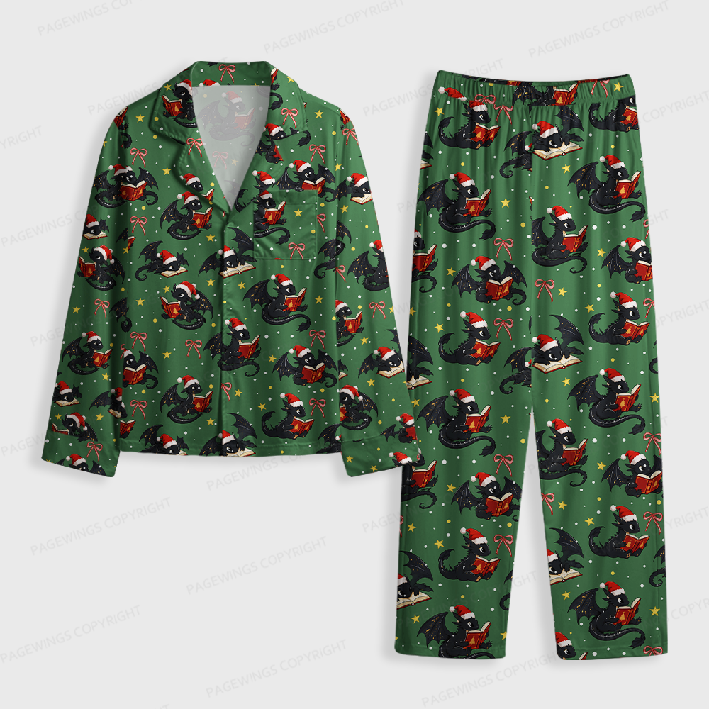 Pagewings Christmas Book Dragon Unisex Button-Up Pajama Set