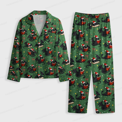 Pagewings Christmas Book Dragon Unisex Button-Up Pajama Set