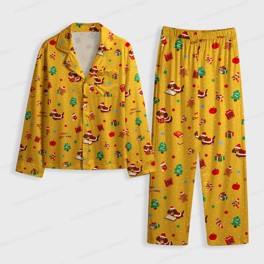 Pagewings Christmas Dog Book Lover Unisex Button-Up Pajama Set