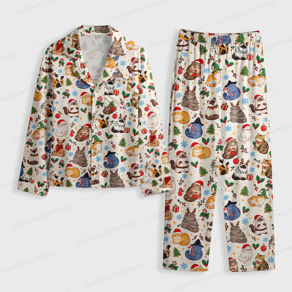 Pagewings Cat Book Lover Unisex Button-Up Pajama Set