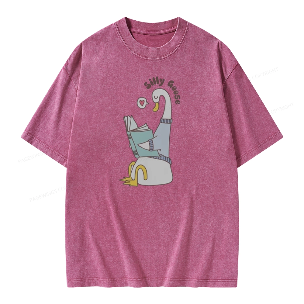 Pagewings Cute Silly Goose Reading Book Unisex Washed T-shirt