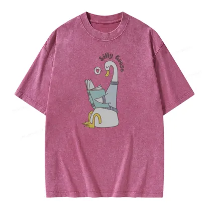 Pagewings Cute Silly Goose Reading Book Unisex Washed T-shirt