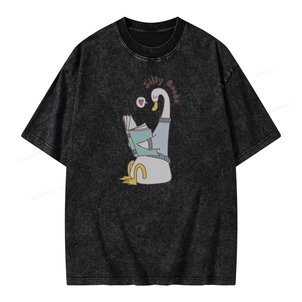 Pagewings Cute Silly Goose Reading Book Unisex Washed T-shirt