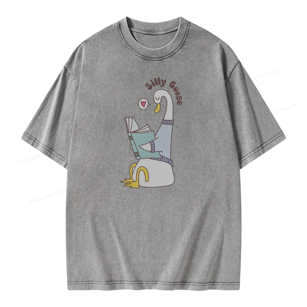 Pagewings Cute Silly Goose Reading Book Unisex Washed T-shirt