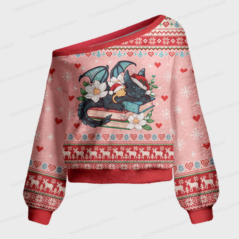 Pagewings Book Dragon Crow Off Shoulder Ugly Knit Sweater