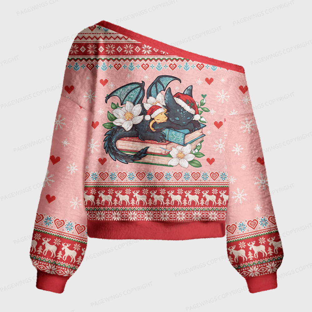 Pagewings Book Dragon Crow Off Shoulder Ugly Knit Sweater