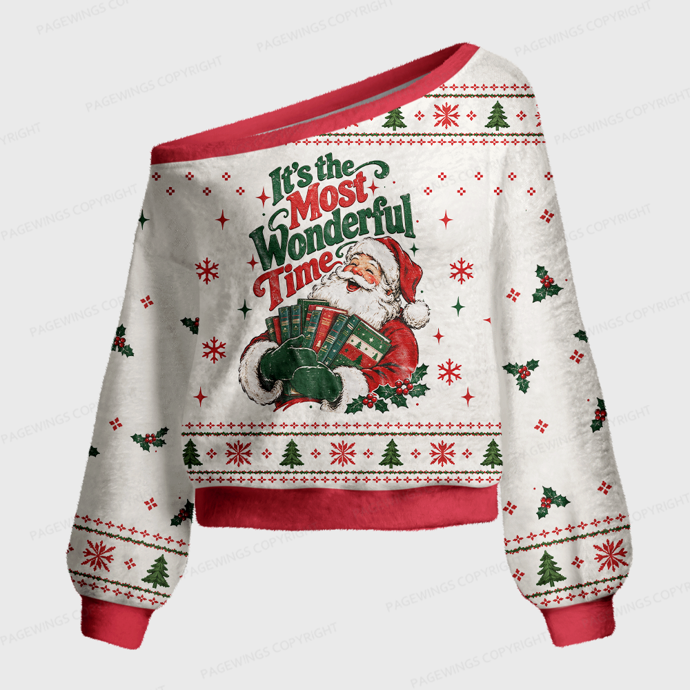 Pagewings Christmas Reading Crow Off Shoulder Ugly Knit Sweater