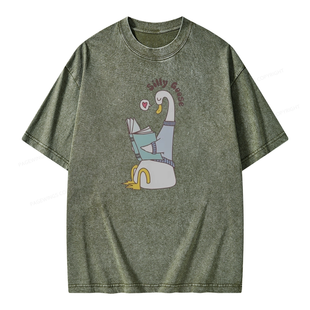 Pagewings Cute Silly Goose Reading Book Unisex Washed T-shirt