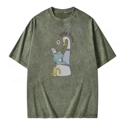 Pagewings Cute Silly Goose Reading Book Unisex Washed T-shirt