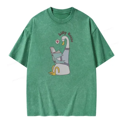 Pagewings Cute Silly Goose Reading Book Unisex Washed T-shirt