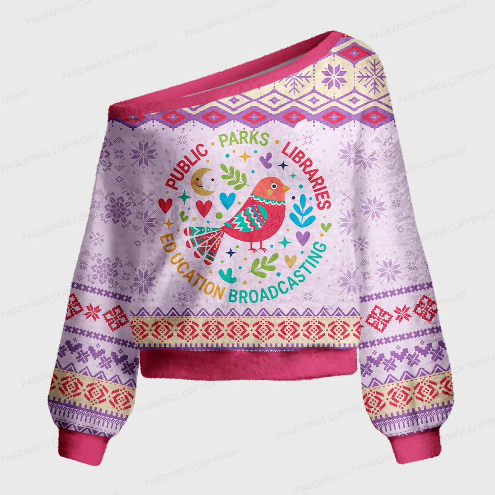 Pagewings Public Parks Libraries Education Broadcasting Crow Off Shoulder Ugly Knit Sweater