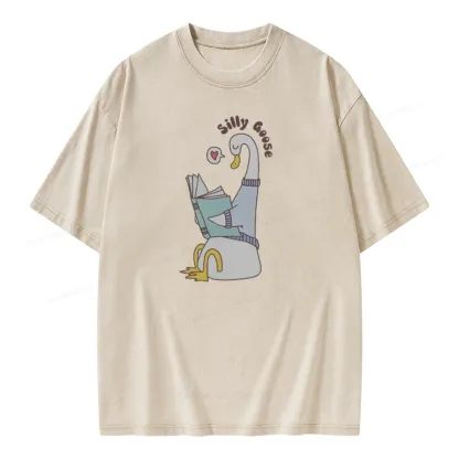 Pagewings Cute Silly Goose Reading Book Unisex Washed T-shirt