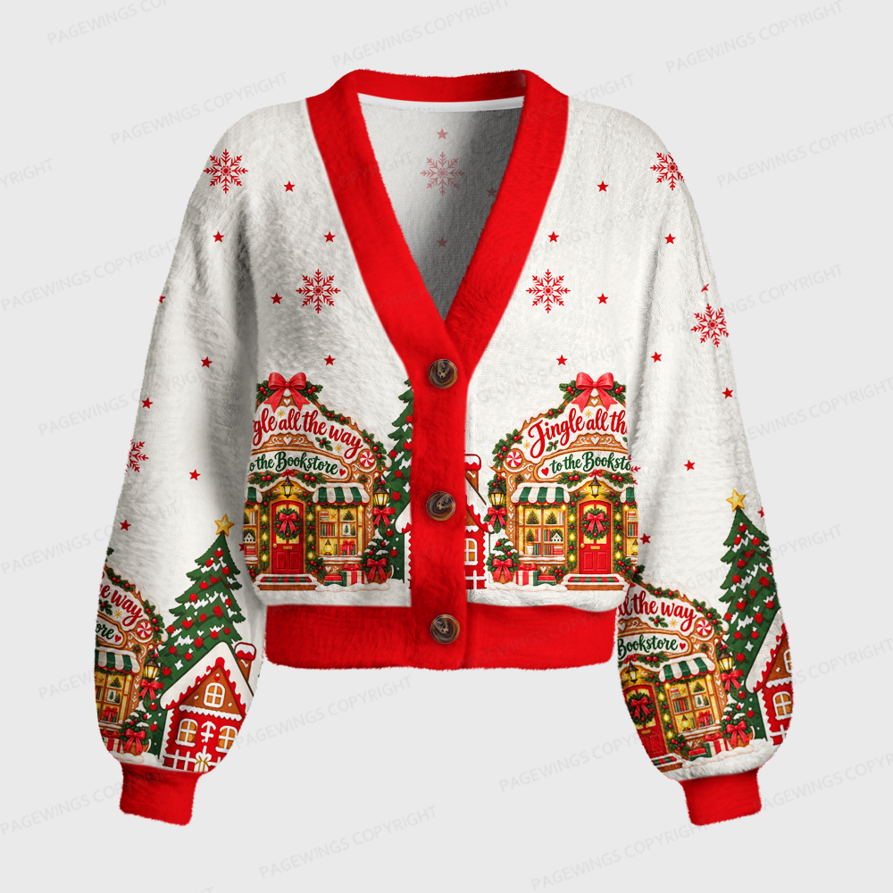 Pagewings Christmas Bookstore Women's Cardigan Sweater