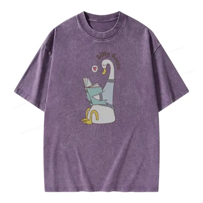 Pagewings Cute Silly Goose Reading Book Unisex Washed T-shirt