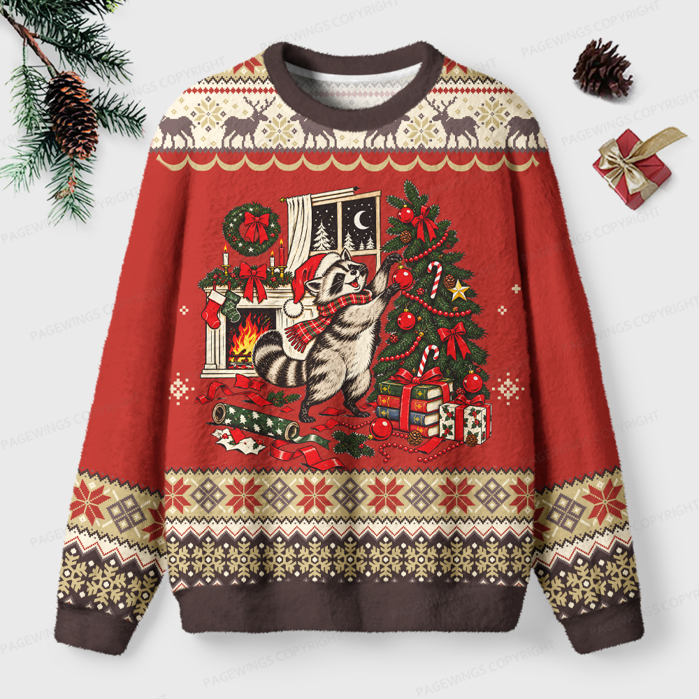 Pagewings Funny Christmas Raccoon Unisex Ugly Light Knit Sweatshirt