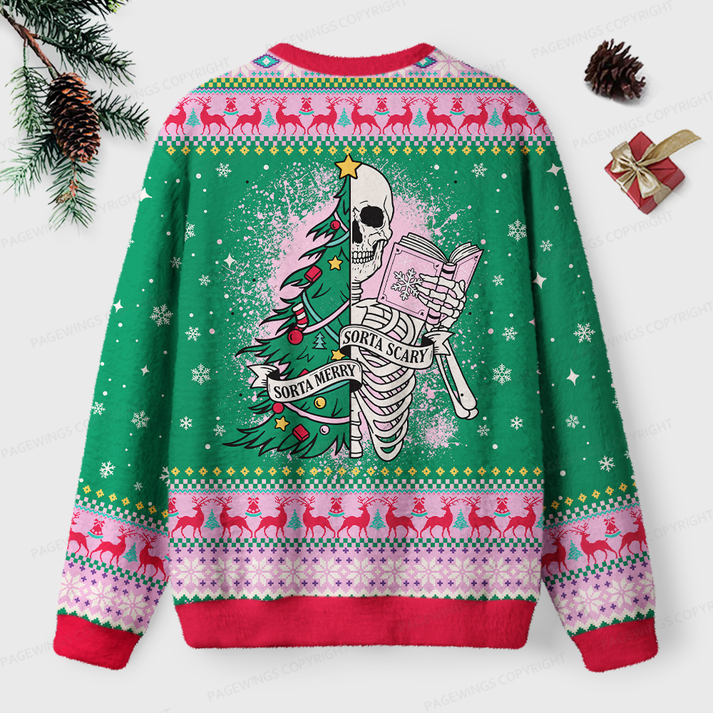 Pagewings Christmas Skeleton Reading Unisex Ugly Light Knit Sweatshirt