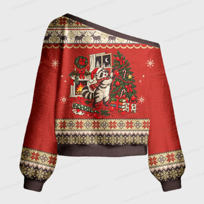 Pagewings Funny Christmas Raccoon Off Shoulder Ugly Knit Sweater