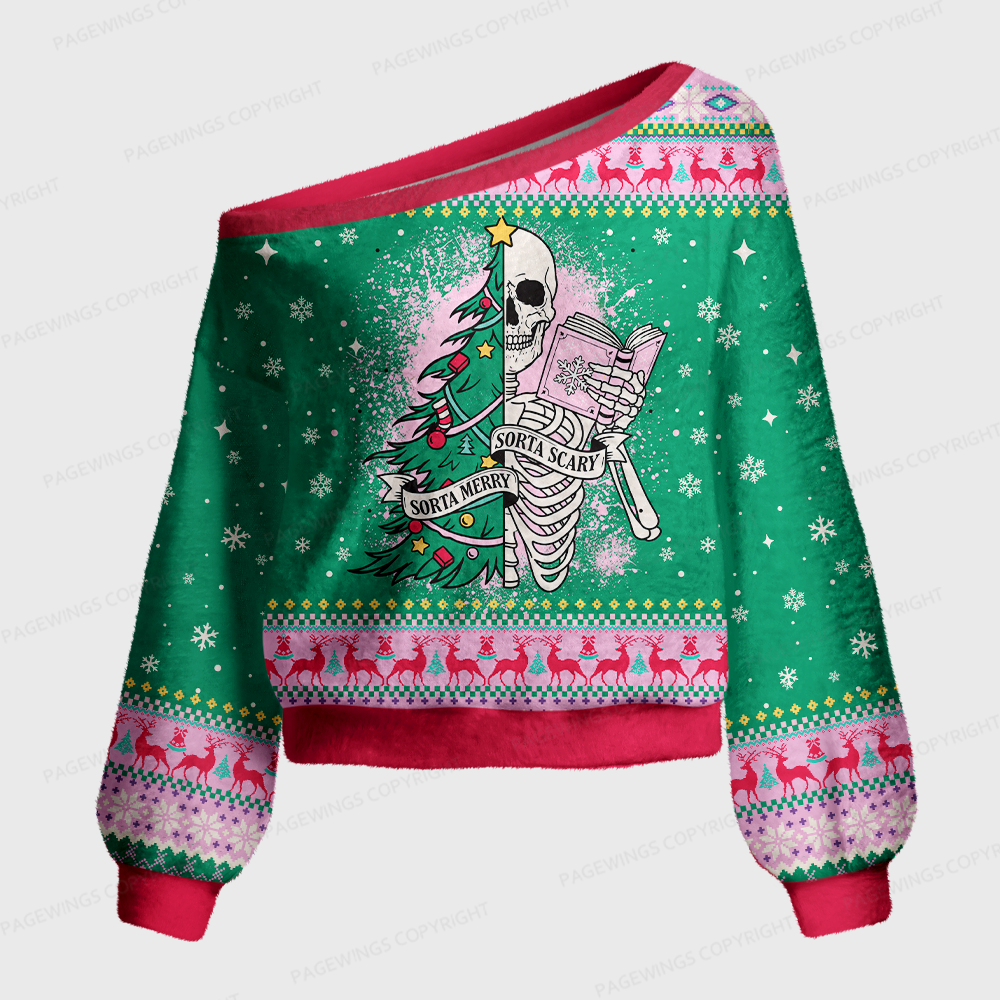 Pagewings Christmas Skeleton Reading Off Shoulder Ugly Knit Sweater