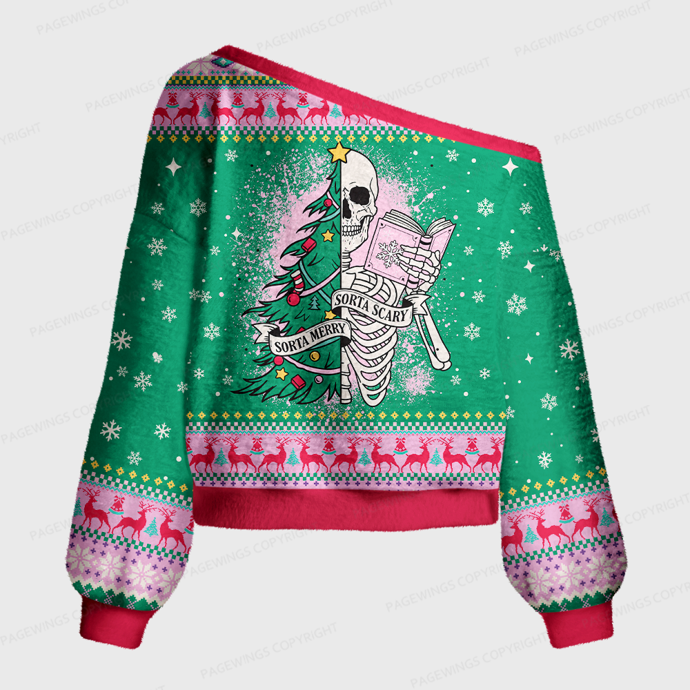 Pagewings Christmas Skeleton Reading Off Shoulder Ugly Knit Sweater