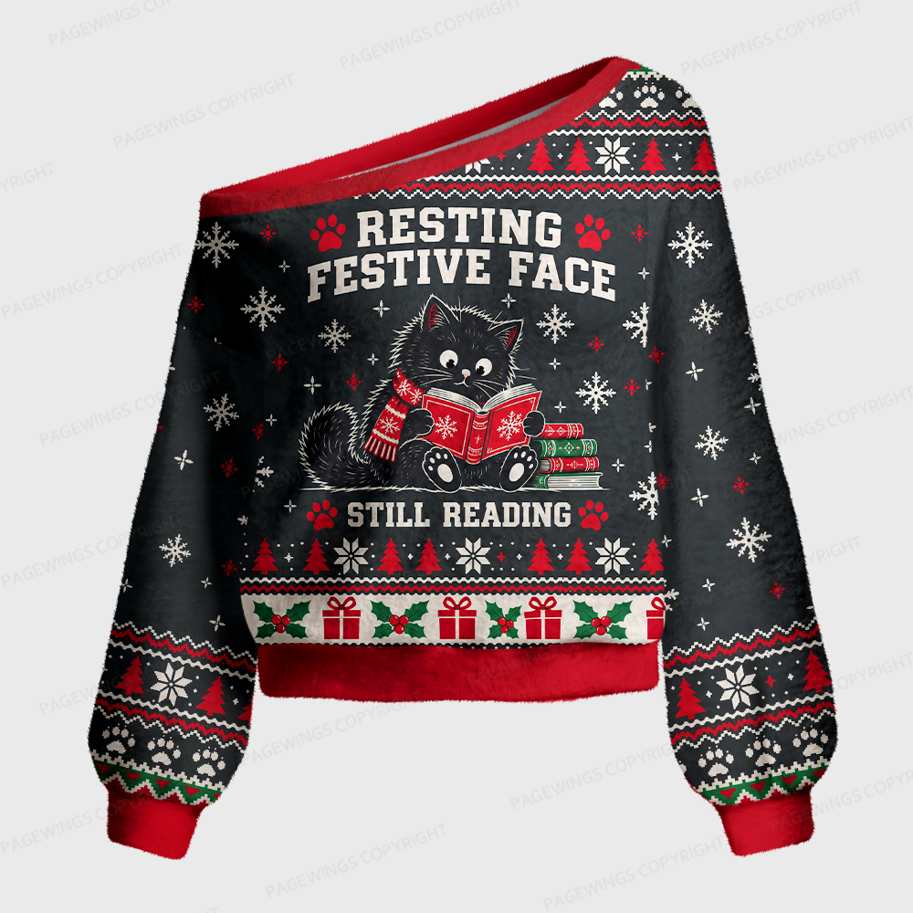 Pagewings Resting Festive Face Still Reading Off Shoulder Ugly Knit Sweater