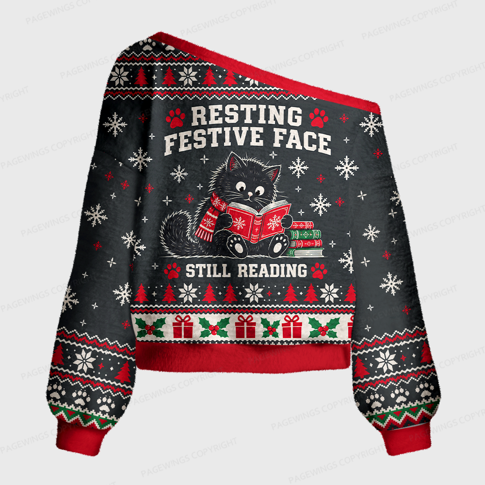 Pagewings Resting Festive Face Still Reading Off Shoulder Ugly Knit Sweater