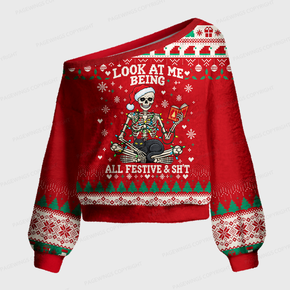Pagewings Look At Me Being All Festive & Sh't Off Shoulder Ugly Knit Sweater