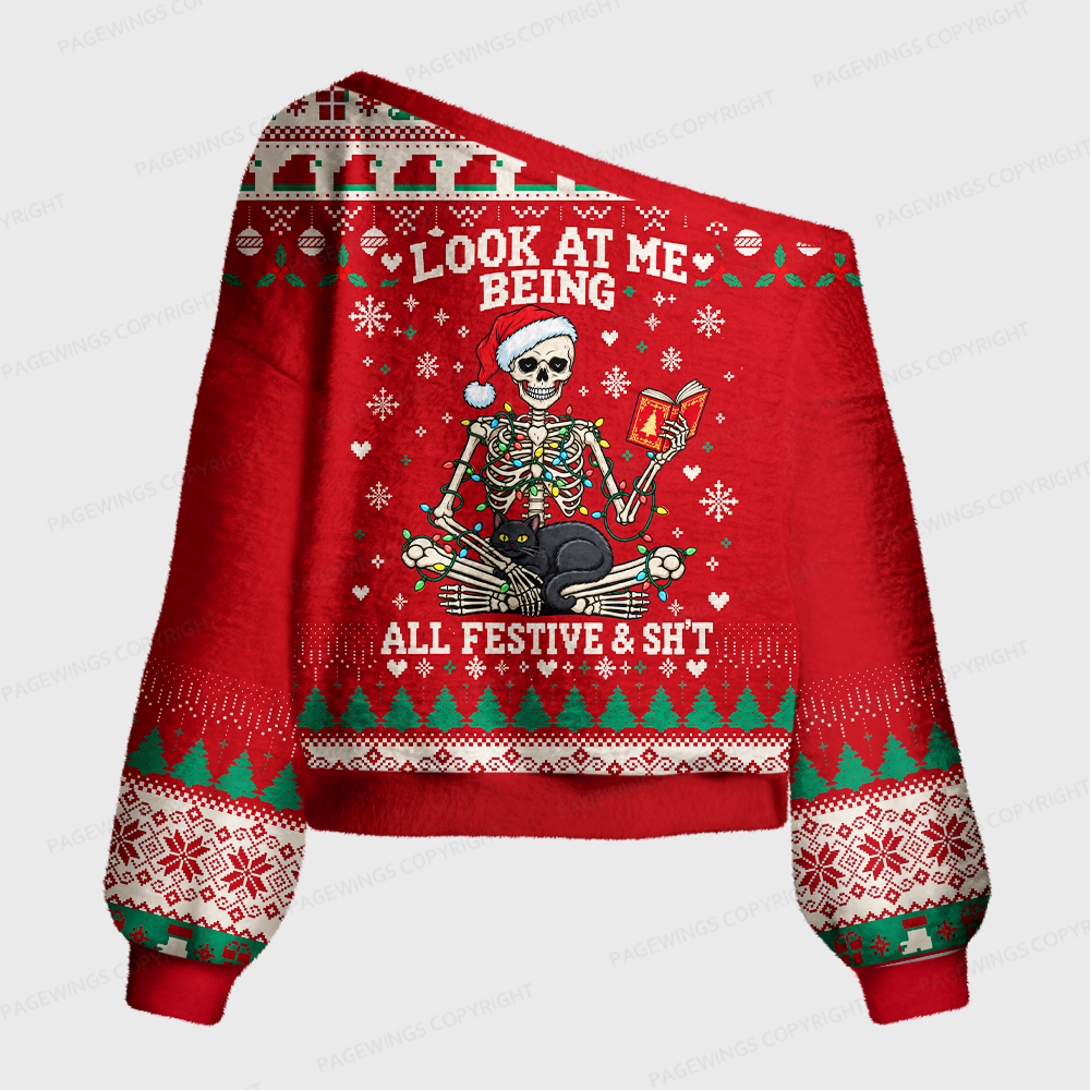 Pagewings Look At Me Being All Festive & Sh't Off Shoulder Ugly Knit Sweater