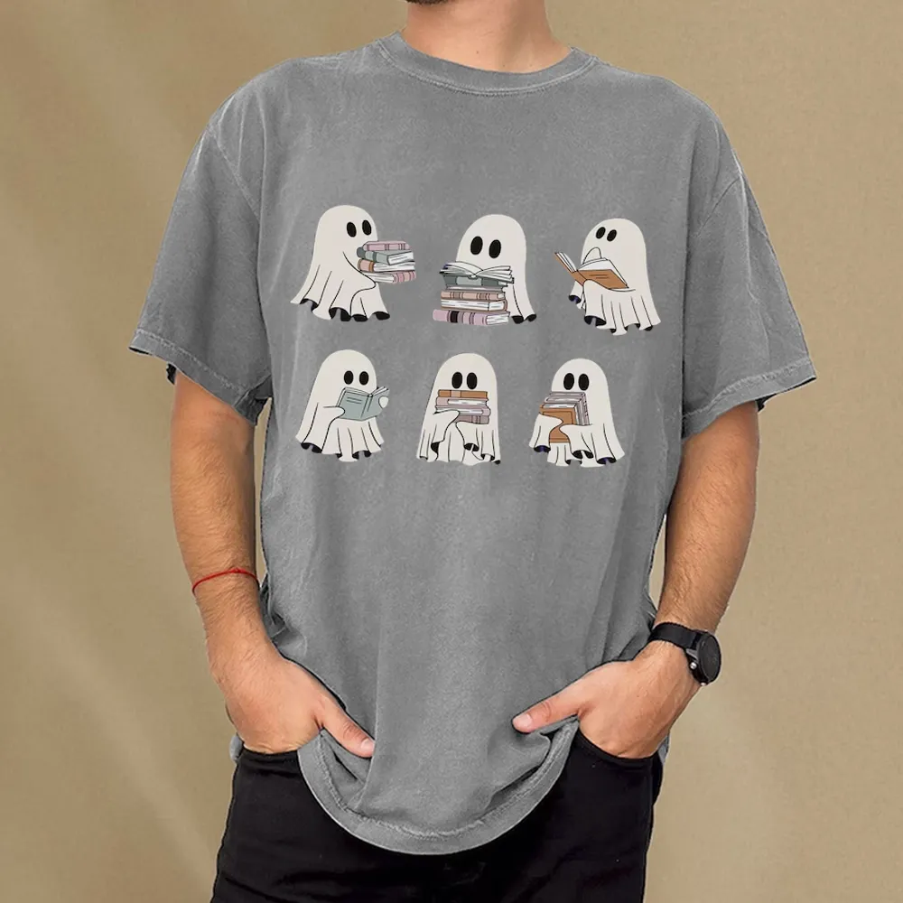 Pagewings Ghost Reading Halloween Unisex Washed T-shirt