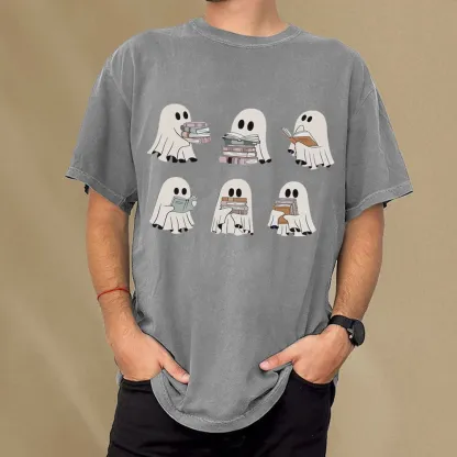 Pagewings Ghost Reading Halloween Unisex Washed T-shirt