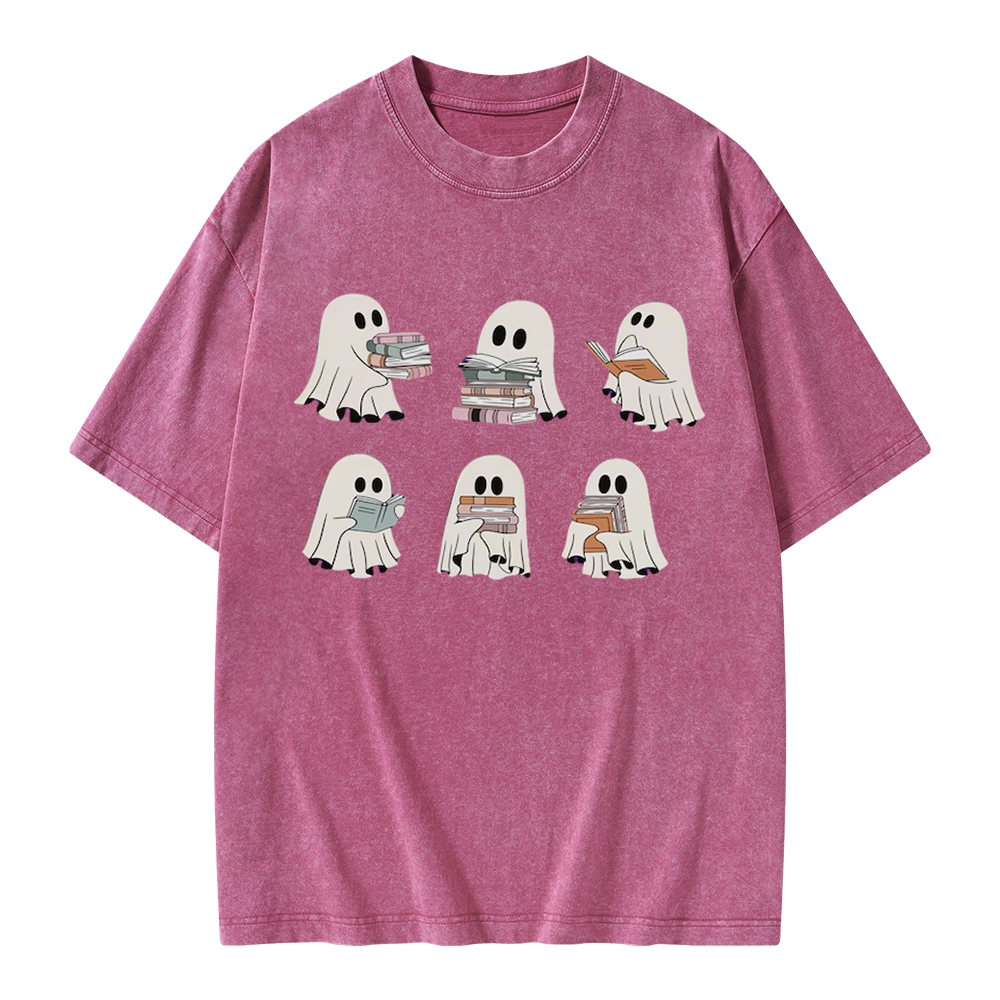 Pagewings Ghost Reading Halloween Unisex Washed T-shirt