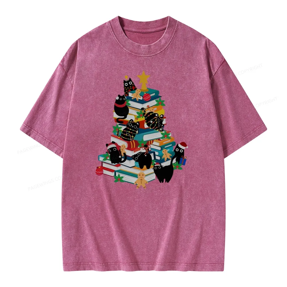 Pagewings Cute Cats Books Christmas Tree Unisex Washed T-shirt