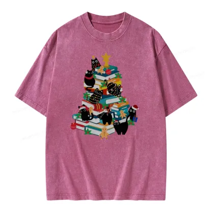 Pagewings Cute Cats Books Christmas Tree Unisex Washed T-shirt