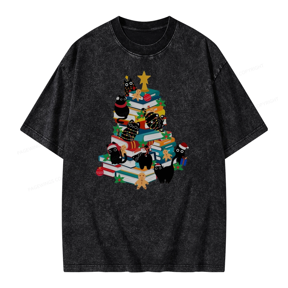 Pagewings Cute Cats Books Christmas Tree Unisex Washed T-shirt