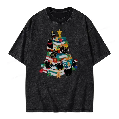 Pagewings Cute Cats Books Christmas Tree Unisex Washed T-shirt