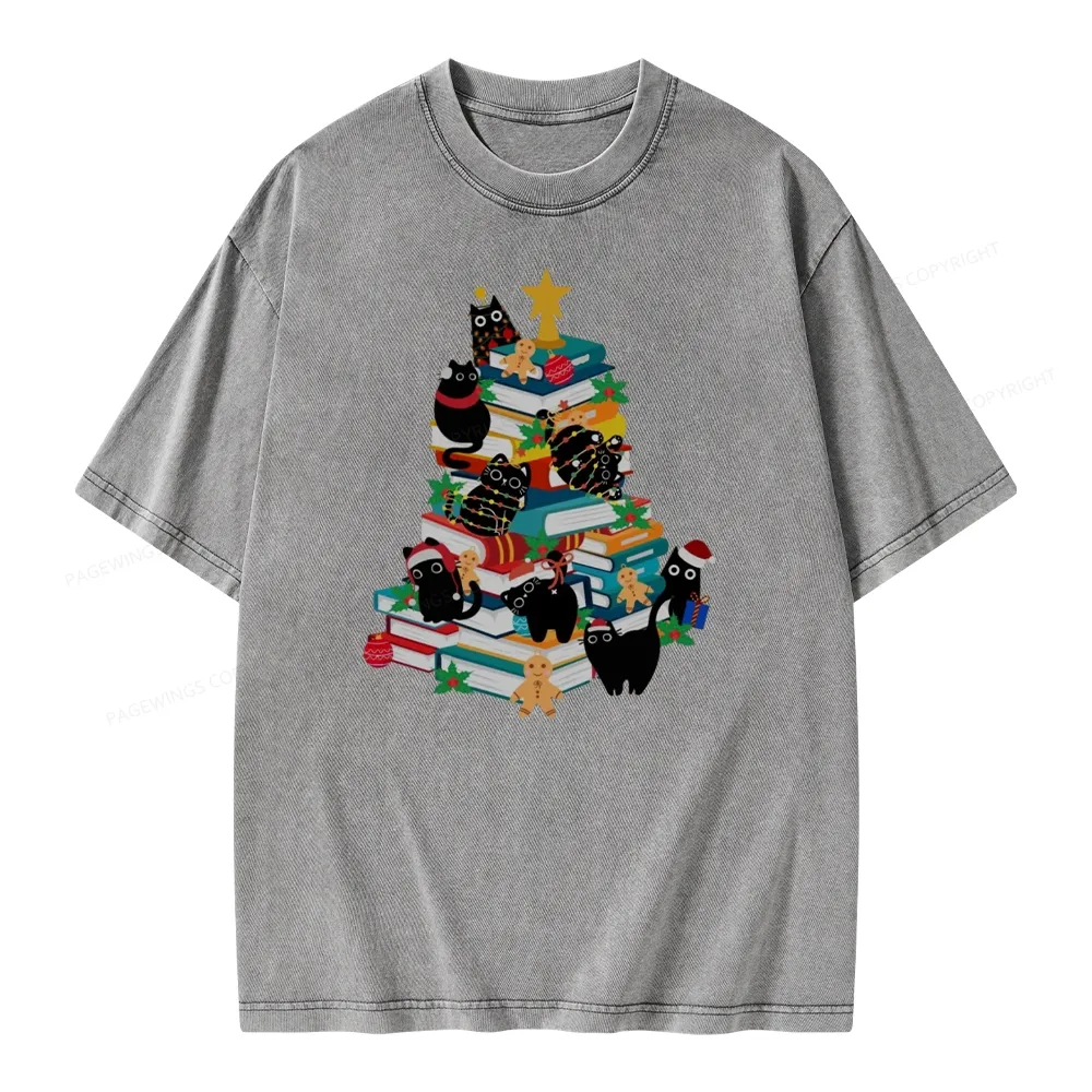 Pagewings Cute Cats Books Christmas Tree Unisex Washed T-shirt